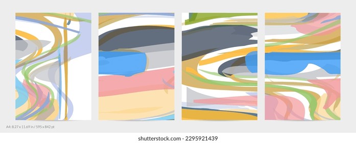 Abstract random multicolored strips. Wavy shapes create artistic watercolor pain texture. Pastel background with organic natural earthy colors. Universal flyer template.