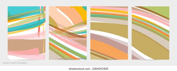 Abstract random multicolored strips. Wavy shapes create artistic watercolor pain texture. Pastel background with organic natural earthy colors. Universal flyer template.