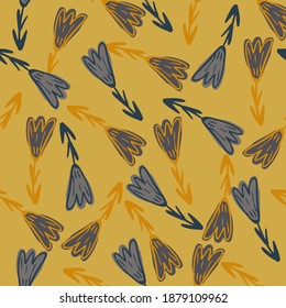 Abstract random outline seamless pattern with hand drawn flowers ornament. Yellow background. Vector illustration for seasonal textile prints, fabric, banners, backdrops and wallpapers.
