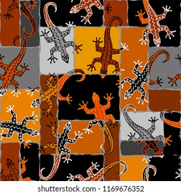 Abstract random pattern in a patchwork style with lizards. Brown tribal background. Vector image. Seamless pattern.