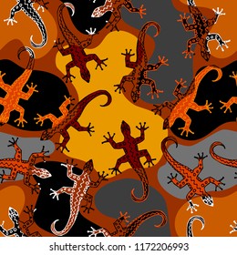 Abstract random pattern in a patchwork style with lizards. Brown tribal background. Vector image. Seamless pattern.