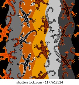 Abstract random pattern in a patchwork style with lizards. Brown tribal background. Vector image. Seamless pattern.