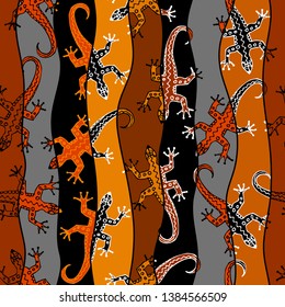 Abstract random pattern in a patchwork style with lizards. Brown tribal background. Vector image. Seamless pattern.