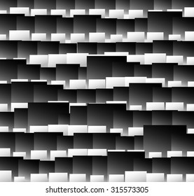 Abstract random pattern with squares. Grayscale, black and white background with randomly placed, scattered squares.