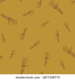 Abstract random seamless anatomical pattern with beige bone hands print. Orange background. Graphic design for wrapping paper and fabric textures. Vector Illustration.