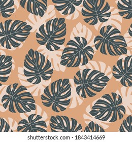 Abstract random seamless pattern with doodle navy blue monstera silhouettes. Orange pastel background. Perfect for fabric design, textile print, wrapping, cover. Vector illustration.