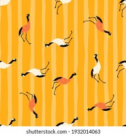 Abstract random seamless pattern with doodle crane birs elements. Yellow striped background. Bight palette. Perfect for fabric design, textile print, wrapping, cover. Vector illustration.