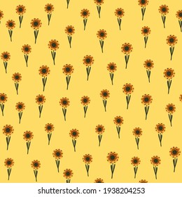 Abstract random seamless pattern with folk flowers ornament. Pastel orange background. Blossom backdrop. Designed for fabric design, textile print, wrapping, cover. Vector illustration.