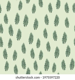 Abstract random seamless pattern with green little oak leaf ornament. Light grey background. Decorative backdrop for fabric design, textile print, wrapping, cover. Vector illustration.