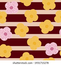 Abstract random seamless pattern with simple yellow and pink flowers elements. Maroon striped background. Vector illustration for seasonal textile prints, fabric, banners, backdrops and wallpapers.