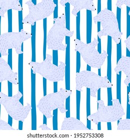 Abstract random seamless pattern with simple polar bear silhouettes ornament. Striped blue background. Perfect for fabric design, textile print, wrapping, cover. Vector illustration.