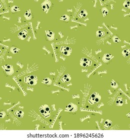 Abstract random seamless pirate style pattern with white skull and bones silhouettes. Green background. Stock illustration. Vector design for textile, fabric, giftwrap, wallpapers.