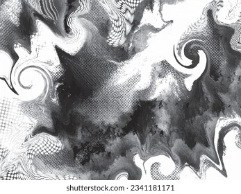 Abstract random shapes brush strokes with polkadots and swirling decorations isolated on white landscape wallpaper. Simple flat abstract black and white monochrome backdrop.