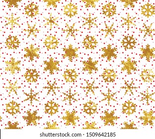 Abstract Random Snow Flakes with Foil Texture Seamless Christmas Vector Pattern Isolated Dots Background 