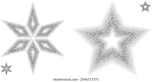Abstract random star halftone textures isolated on a white background. Geometric vector shape elements pattern. Halftone background. Vintage halftone texture. Halftone sunburst. Vector illustration.