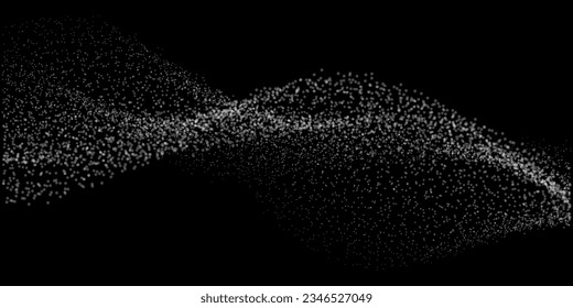 Abstract random white dot particles wavy flowing curve shape isolated on black background. Vector in concept technology, science, music, modern.