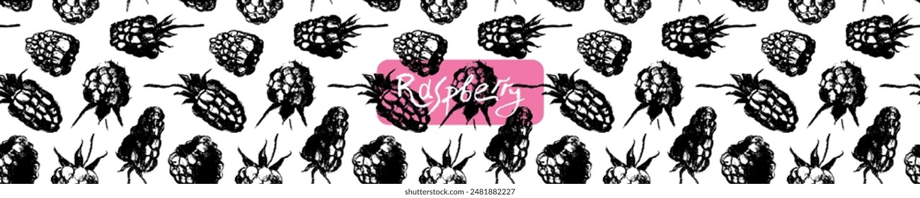 Abstract raspberry hand drawn illustrations. Vector raspberries drawings. Raspberry banner with berries pattern seamless. Juice or jam label design. Blueberries background. Engraved print texture.