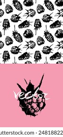 Abstract raspberry hand drawn illustrations. Vector raspberries drawings. Raspberry banner with berries pattern seamless. Juice or jam label design. Blueberries background. Engraved print texture.