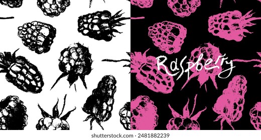 Abstract raspberry hand drawn illustrations. Vector raspberries drawings. Raspberry banner with berries pattern seamless. Juice or jam label design. Blueberries background. Engraved print texture.
