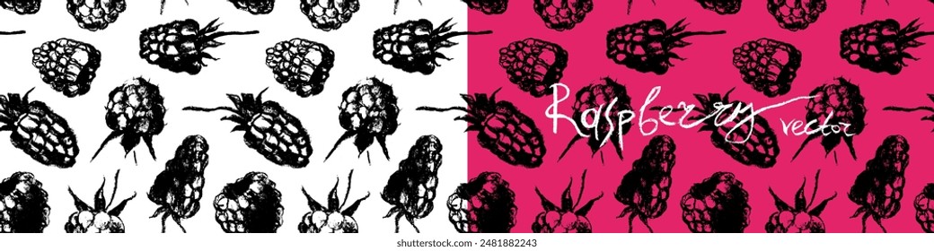 Abstract raspberry hand drawn illustrations. Vector raspberries drawings. Raspberry banner with berries pattern seamless. Juice or jam label design. Blueberries background. Engraved print texture.