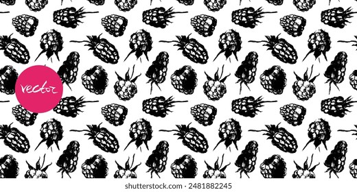 Abstract raspberry hand drawn illustrations. Vector raspberries drawings. Raspberry banner with berries pattern seamless. Juice or jam label design. Blueberries background. Engraved print texture.