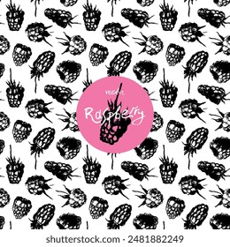 Abstract raspberry hand drawn illustrations. Vector raspberries drawings. Raspberry banner with berries pattern seamless. Juice or jam label design. Blueberries background. Engraved print texture.