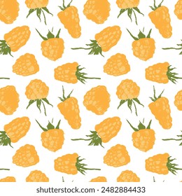 Abstract raspberry hand drawn illustrations. Yellow raspberries pattern seamless for textile design, fabric ornament, banner with floral decor. Juice or jam label design. Yellow wild berry background.