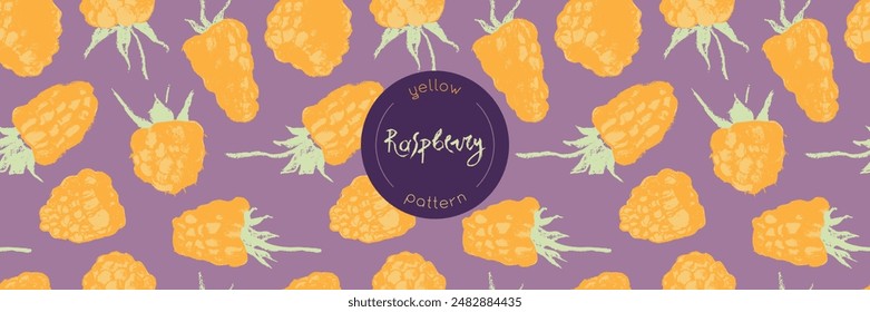 Abstract raspberry hand drawn illustrations. Yellow raspberries pattern seamless for textile design, fabric ornament, banner with floral decor. Juice or jam label design. Yellow wild berry background.