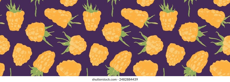 Abstract raspberry hand drawn illustrations. Yellow raspberries pattern seamless for textile design, fabric ornament, banner with floral decor. Juice or jam label design. Yellow wild berry background.
