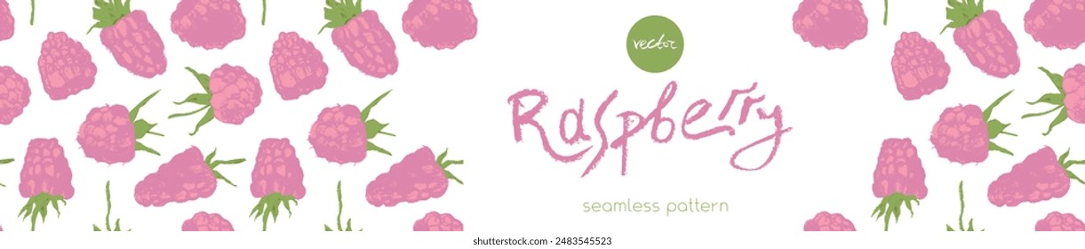 Abstract raspberry hand drawn illustrations. Pink raspberries pattern seamless for textile design, fabric ornament, banner with floral decor. Juice or jam label design. Pink wild berry background.