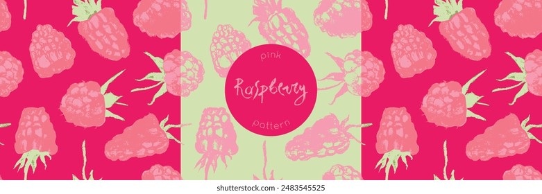 Abstract raspberry hand drawn illustrations. Pink raspberries pattern seamless for textile design, fabric ornament, banner with floral decor. Juice or jam label design. Pink wild berry background.