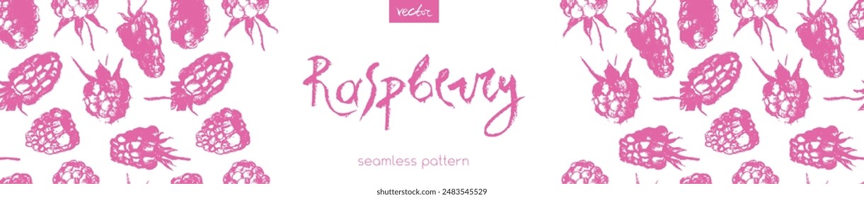 Abstract raspberry hand drawn illustrations. Pink raspberries pattern seamless for textile design, fabric ornament, banner with floral decor. Juice or jam label design. Pink wild berry background.