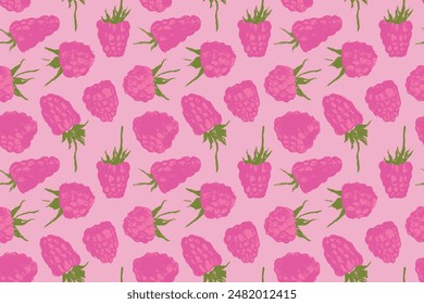 Abstract raspberry hand-drawn illustrations. Raspberries woodblock printing for textile design, fabric oranment, banner with floral pattern seamless. Juice or jam label design. Blackberry background. 