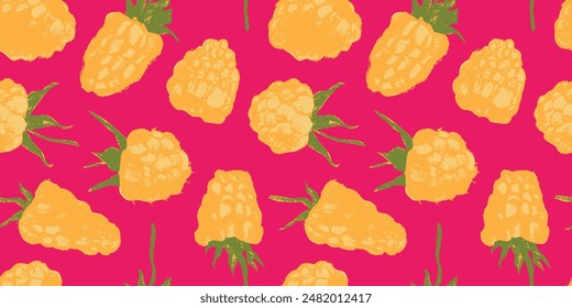 Abstract raspberry hand-drawn illustrations. Raspberries woodblock printing for textile design, fabric oranment, banner with floral pattern seamless. Juice or jam label design. Blackberry background. 