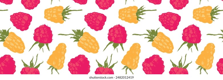 Abstract raspberry hand-drawn illustrations. Raspberries woodblock printing for textile design, fabric oranment, banner with floral pattern seamless. Juice or jam label design. Blackberry background. 