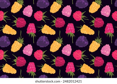 Abstract raspberry hand-drawn illustrations. Raspberries woodblock printing for textile design, fabric oranment, banner with floral pattern seamless. Juice or jam label design. Blackberry background. 