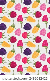 Abstract raspberry hand-drawn illustrations. Raspberries woodblock printing for textile design, fabric oranment, banner with floral pattern seamless. Juice or jam label design. Blackberry background. 