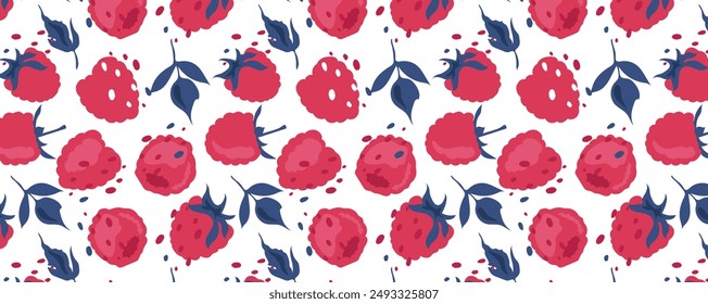 Abstract raspberry pattern in flat style. Fresh, delicious berry seamless pattern. Vector background. Summer freshness for health. For background, juice, ice cream or fabric.