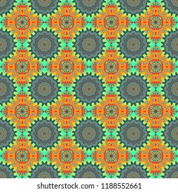 Abstract raster geometric seamless pattern with circles, lines and rhombuses in beige, blue and brown colors.