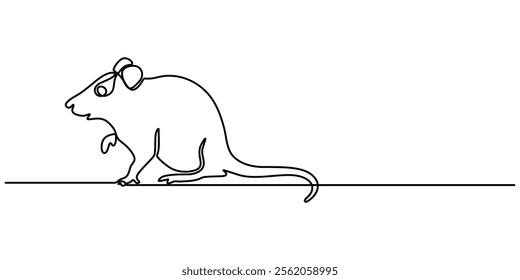 Abstract rat,mouse,continuous one line art hand drawing sketch, Mouse in continuous line art drawing style. Cute small mouse rodent black linear design isolated on white background. Pro Vector.