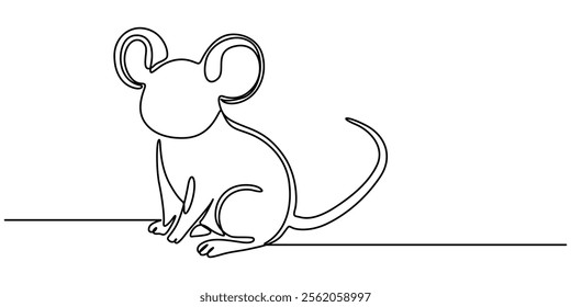 Abstract rat,mouse,continuous one line art hand drawing sketch, Mouse in continuous line art drawing style. Cute small mouse rodent black linear design isolated on white background. Pro Vector.