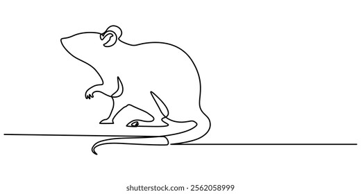 Abstract rat,mouse,continuous one line art hand drawing sketch, Mouse in continuous line art drawing style. Cute small mouse rodent black linear design isolated on white background. Pro Vector.