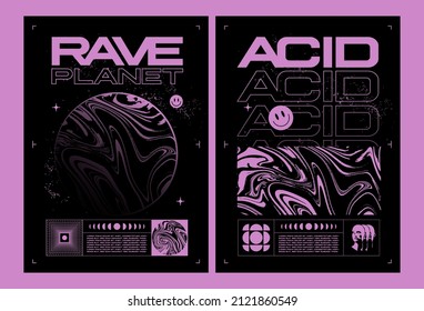 Abstract rave poster or flyer design template with abstract pink liquid acid textures and elements on black background. Vector illustration