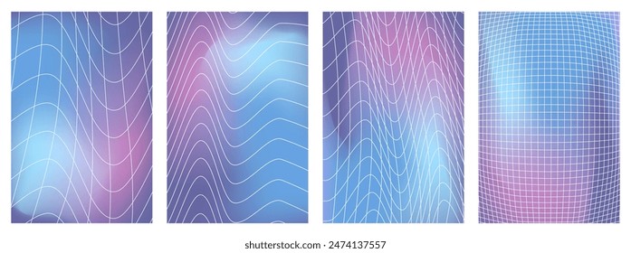 Abstract rave psychedelic backgrounds in y2k style. Black and white retro futuristic isolated grids on black background. 3D abstract cyberpunk posters. Vector illustration on white background.