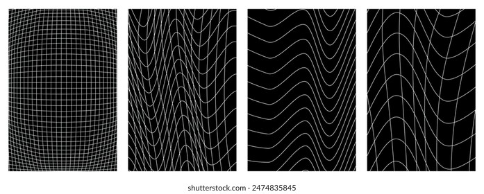 Abstrakte Rave psychedelische Hintergründe im Y2K-Stil. Schwarz-Weiß Retro futuristische isolierte Gitter auf schwarzem Hintergrund. Vektorillustration.