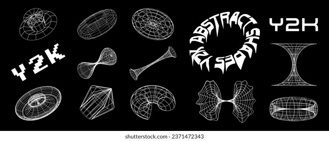 Abstract rave psychedelic set in trendy y2k style. Black and white retro futuristic shapes, wireframe and perspective grids.