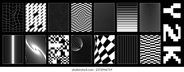 Abstract rave psychedelic set in trendy y2k style. Black and white retro futuristic shapes, wireframe  and perspective grids.