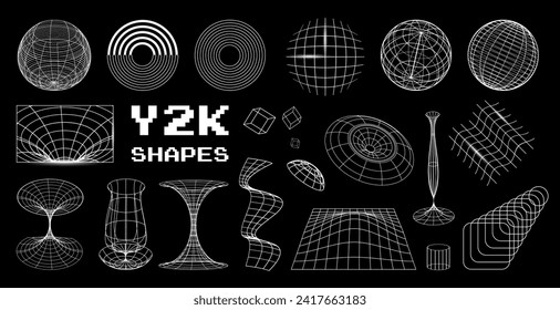 Abstract rave psychedelic set in trendy y2k style. Black and white retro futuristic shapes, wireframe, perspective grids and cyberpunk elements. EPS 10	