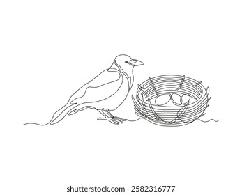 Abstract raven, crow bird's nest with eggs, continuous single one line art hand drawing sketch logo 