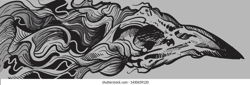 Abstract Raven skull with waves of lines in the form of smoke. Black and white sketch,abstract art.